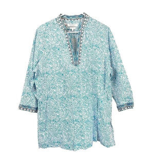 Foxcroft For Appleseeds Womens Blue Tunic Blouse 18 V Neck Geometric Long Sleeve